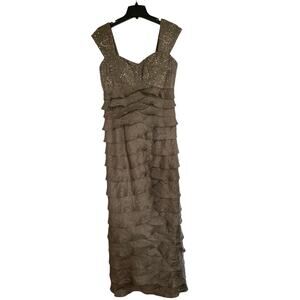 Ignite Evenings Mermaid Sequined  Layered Dress Taupe Beaded Size 12 Womens